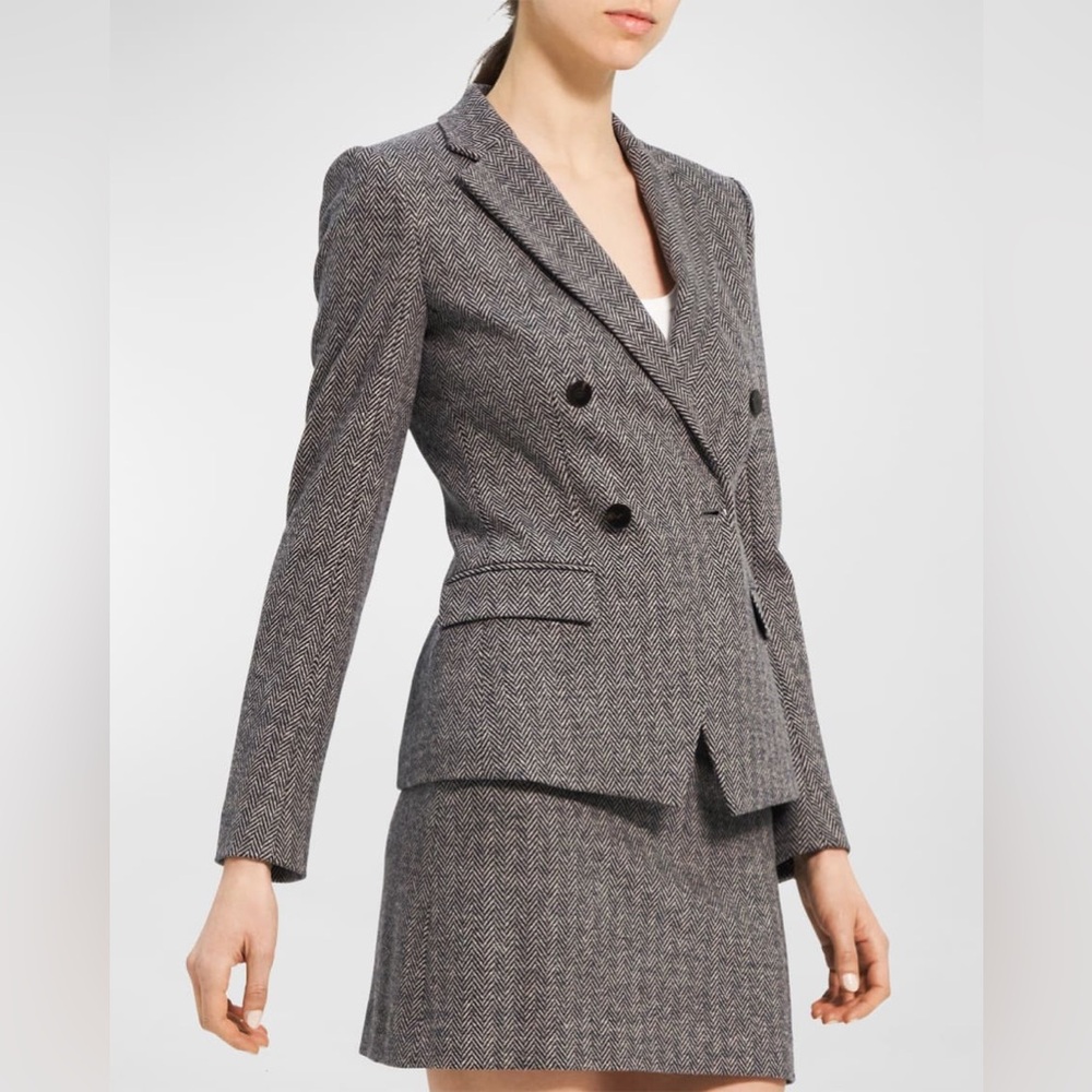 Theory Gray Herringbone Double-Breasted Blazer